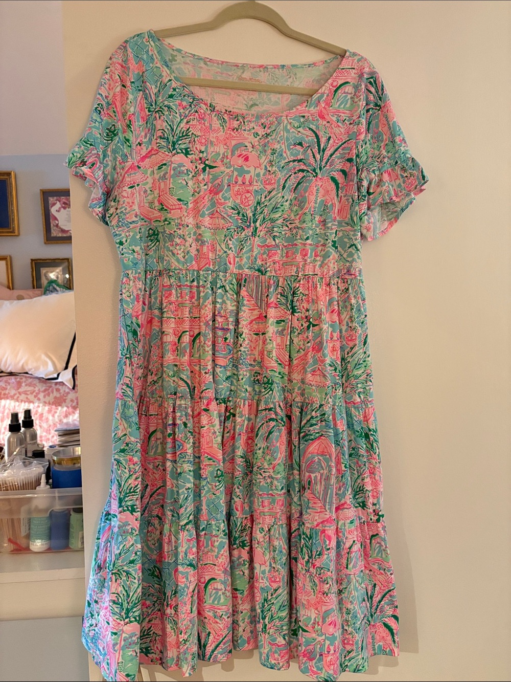 Lilly Pulitzer Pink & Aqua Tropical Tiered Short-Sleeve Dress
